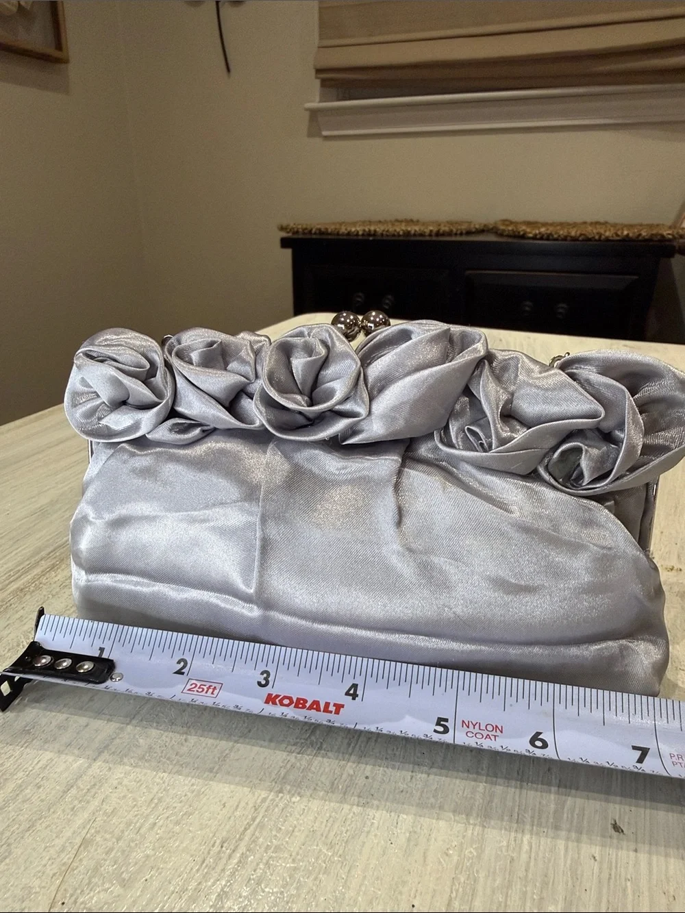 Source Unknown Silver Satin Rosette Clutch
